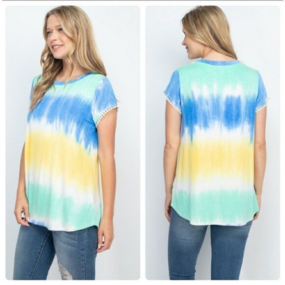 Tops - Cute Tie Dyed Tunic Top with Embellished Sleeves White Blue Yellow Green